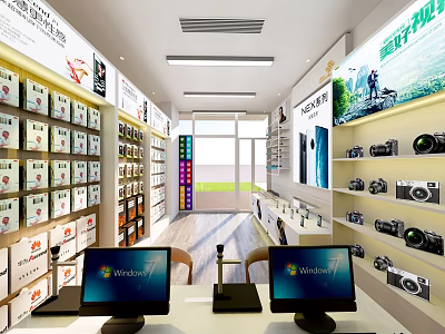 Digital Store Interior With Electronics Display Shelves Cameras And Computers 3d model