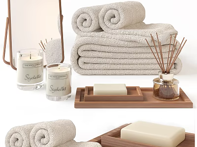Bathroom Wash Essentials With Fluffy Towels Candles Soap And Diffuser 3d model