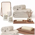 Bathroom Wash Essentials With Fluffy Towels Candles Soap And Diffuser 3d model