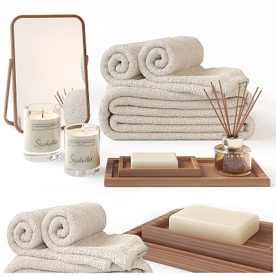 Bathroom Wash Essentials With Fluffy Towels Candles Soap And Diffuser 3d model