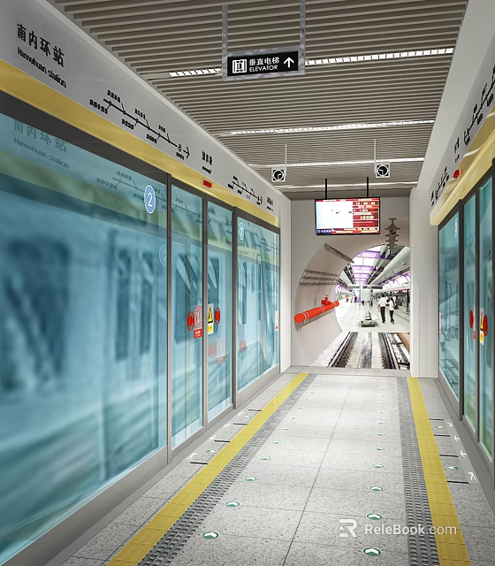 Subway Platform With Glass Train Doors Digital Display Illuminated Signs And Yellow Line Markings 3d model 