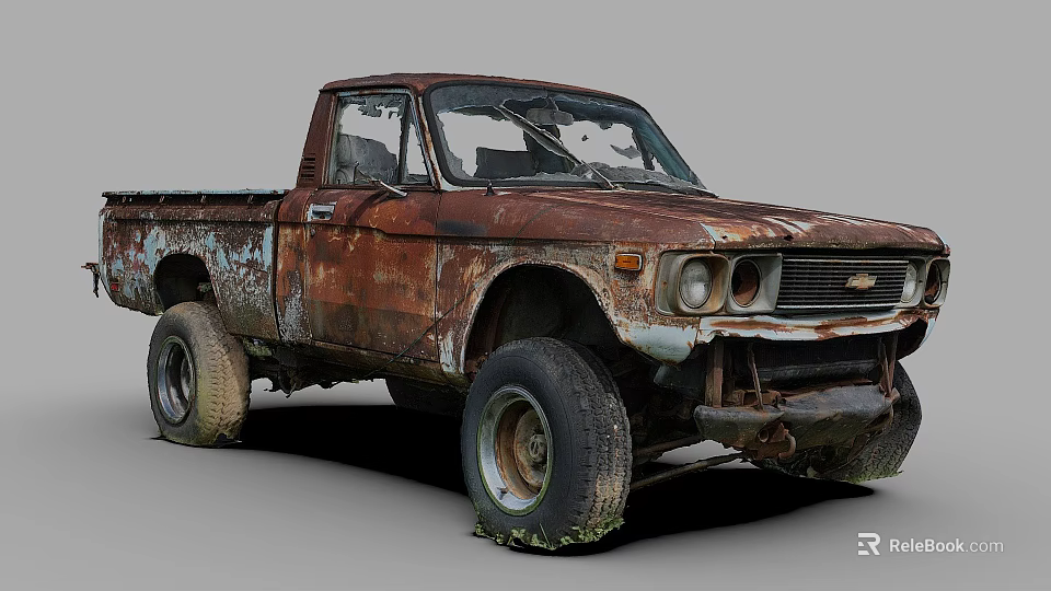 Rusty Vintage Pickup Truck With Worn Body And Large Off Road Tires 3d model 