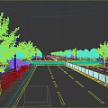 Urban Road Infrastructure with Traffic Lanes Vehicles Green Belts Street Lamps and Guardrails
