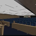 Spacious Conference Room Interior With Blue Seats White Ceiling And Wall Emblem 3d model