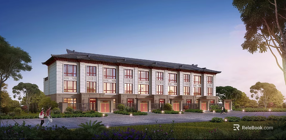 Traditional Chinese Style Townhouse Exterior With Sloped Roof Multiple Windows And Landscaped Garden 3d model 