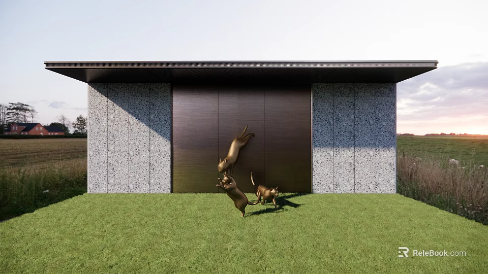 Leaping Animal Sculptures On Green Lawn In Front Of Modern Building Stone Walls Grass Background 3d model 