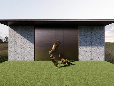 Leaping Animal Sculptures On Green Lawn In Front Of Modern Building Stone Walls Grass Background 3d model