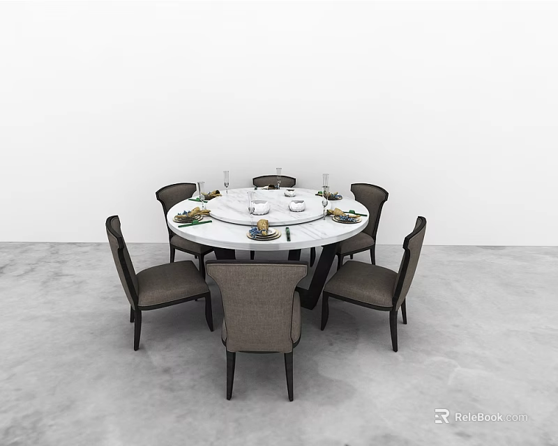 Minimalist Modern Round Dining Table Set With Six Chairs And Tableware 3d model