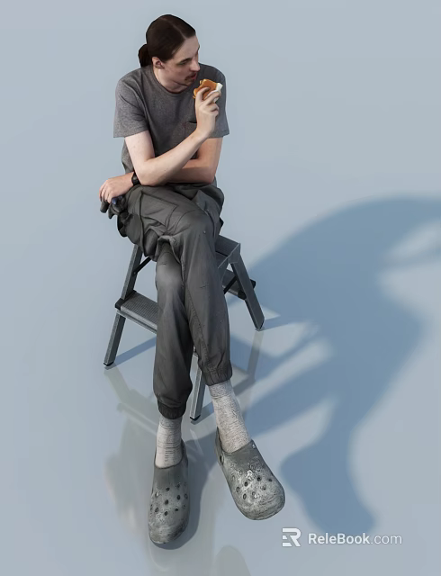 Man Sitting On Metal Chair In Gray T Shirt And Dark Work Pants With Shadow 3d model 
