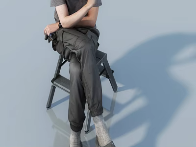 Man Sitting On Metal Chair In Gray T Shirt And Dark Work Pants With Shadow 3d model