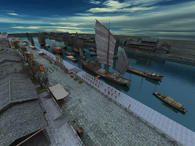 Scenic Ancient Riverside Landscape With Sailing Boats Stone Pavement And Traditional Buildings Sky Clouds 3d model