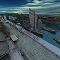 Scenic Ancient Riverside Landscape With Sailing Boats Stone Pavement And Traditional Buildings Sky Clouds
