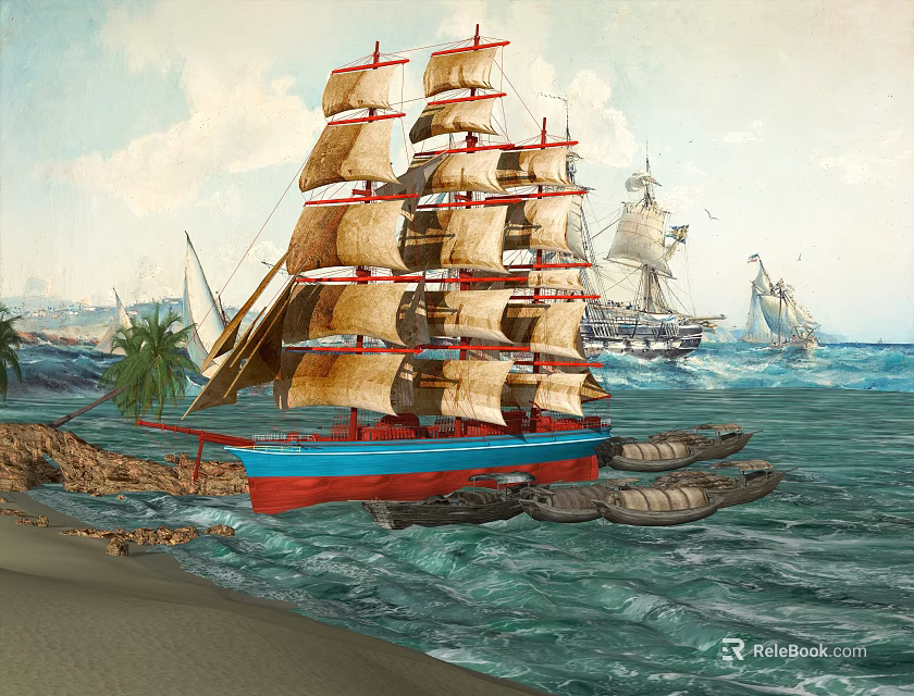 Sailboat With Red Blue Hull Brown Sails Near Sandy Beach Palm Trees And Distant Sailboats 3d model 