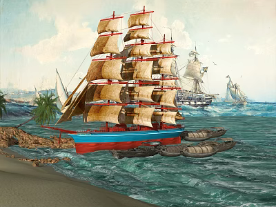 Sailboat With Red Blue Hull Brown Sails Near Sandy Beach Palm Trees And Distant Sailboats 3d model