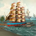 Sailboat With Red Blue Hull Brown Sails Near Sandy Beach Palm Trees And Distant Sailboats