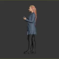 Pink Haired Woman In Blue Plaid Blazer Short Skirt Holding Black Handbag Mobile Phone