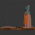 Clothing Mannequin in Green Top and Orange Skirt with Folded Fabrics on Display Platform