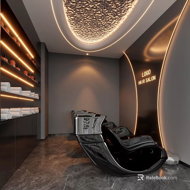 Modern Hair Salon Interior Design With Black Styling Chairs LED Lighting And Marble Floor 3d model 