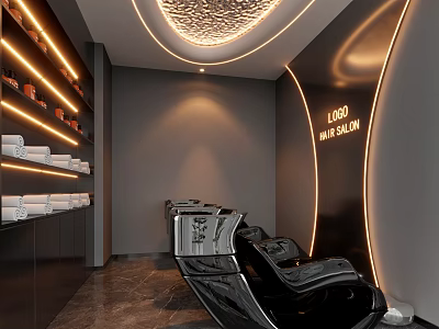 Modern Hair Salon Interior Design With Black Styling Chairs LED Lighting And Marble Floor 3d model