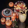 Decorative Ornament Set With Pumpkin Shaped Candle Holders Glass Jars Wooden Vase And Yellow Leaves