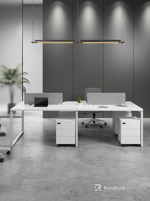 Modern Public Office Space Interior Design With White Desks Rolling Chairs Cabinets And Potted Plant 3d model 