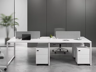 Modern Public Office Space Interior Design With White Desks Rolling Chairs Cabinets And Potted Plant 3d model