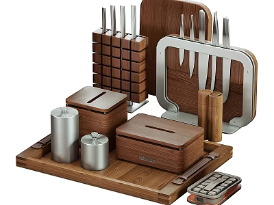 Kitchen Tools Set Including Wooden Metal Knives Holder Storage Boxes and Spice Jars 3d model