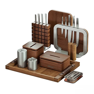 Kitchen Tools Set Including Wooden Metal Knives Holder Storage Boxes and Spice Jars 3d model