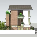 Modern Detached Villa Exterior With Red Brick Walls Balconies Green Plants And Surrounding Trees