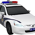Police Car with White Body Blue Stripes and Police Badge on Roof Emergency Lights