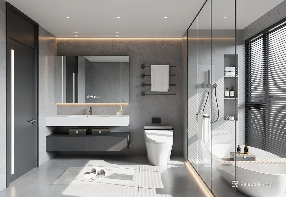 Modern Minimalist Grey Bathroom Interior With Smart Toilet Floating Vanity And Freestanding Bathtub Glass Enclosure 3d model 