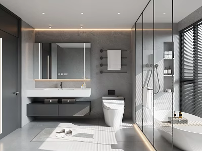 Modern Minimalist Grey Bathroom Interior With Smart Toilet Floating Vanity And Freestanding Bathtub Glass Enclosure 3d model