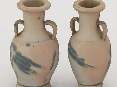 Two Ceramic Vases With Blue Leaf Patterns And Double Handles Decorative Ornament Set 3d model