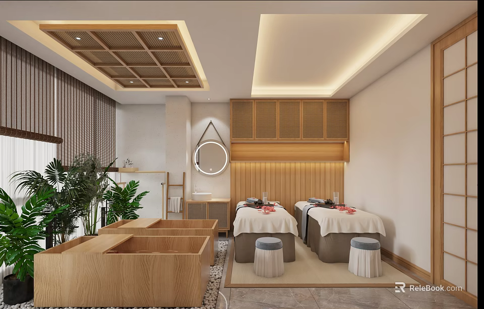Elegant Modern Beauty Salon Treatment Room With Wooden Decor Massage Beds And Green Plants 3d model 