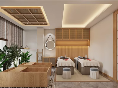 Elegant Modern Beauty Salon Treatment Room With Wooden Decor Massage Beds And Green Plants 3d model