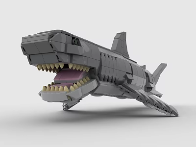 Detailed Gray Building Blocks Shark Model with Open Mouth and Sharp Teeth 3d model