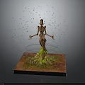 Skeleton Figure Surrounded by Glowing Circular Rings and Green Particles on Square Platform