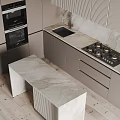 Modern Kitchen Interior With Gray Striped Cabinets Marble Island And Built In Appliances