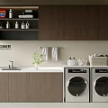Wooden Balcony Cabinet Design With Washing Machine Dryer Sink And Storage