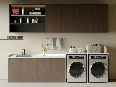 Wooden Balcony Cabinet Design With Washing Machine Dryer Sink And Storage 3d model