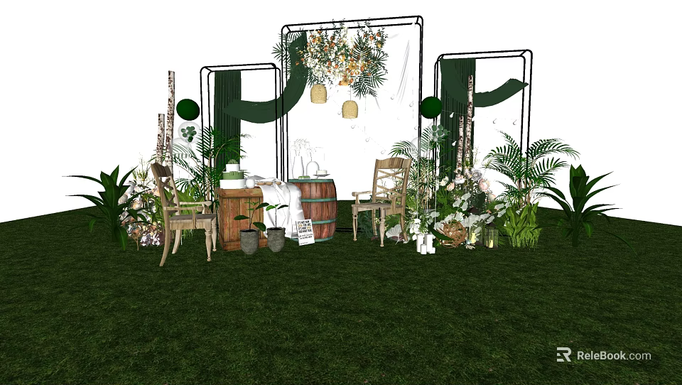 Inflatable Decorative Structure With Outdoor Greenery Wooden Chairs And Hanging Ornaments 3d model 
