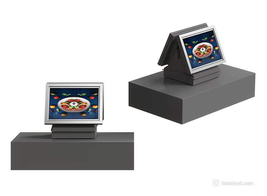 Modern Retail Display Shelves With Digital Screens Showing Food Product 3d model 