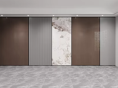 Minimalist Modern Wall Design With Gray Tiled Floor Brown Wooden Panels Striped Decoration And Marble 3d model