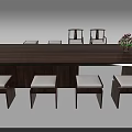 Modern Long Wooden Tea Table With White Cushioned Stools And Pink Flower Arrangement