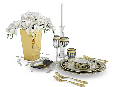 Elegant Dinnerware Set With White Orchids Golden Vase Candle Holder And Cutlery 3d model
