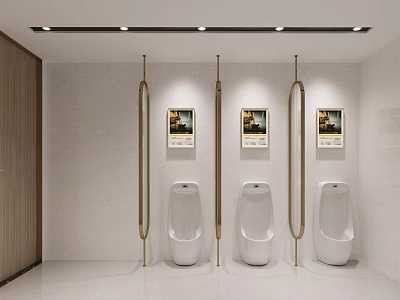 Modern Minimalist Public Toilet Interior With White Urinals Stylish Gold Partitions And Soft Ceiling Lighting 3d model