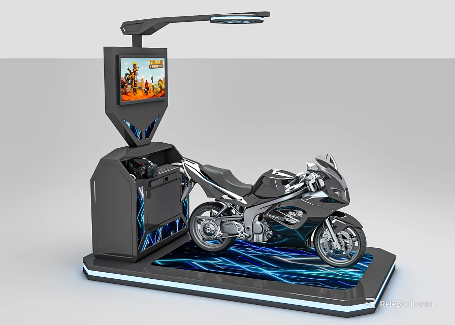 Modern Motorcycle Display Stand With Interactive Screen And Blue Wave Platform 3d model 