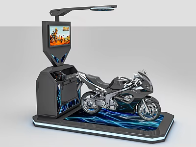 Modern Motorcycle Display Stand With Interactive Screen And Blue Wave Platform 3d model