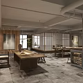 Modern Tea House Interior Design With Wooden Walls Partitions Large Tables Gray Tiles And Plants