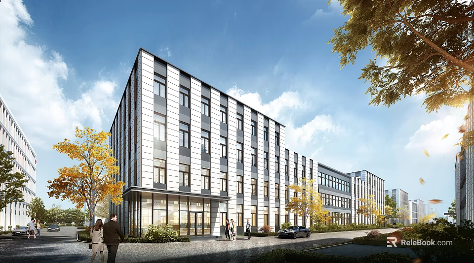 Modern Office Buildings Exterior Design With Trees Pedestrians And Cars 3d model 